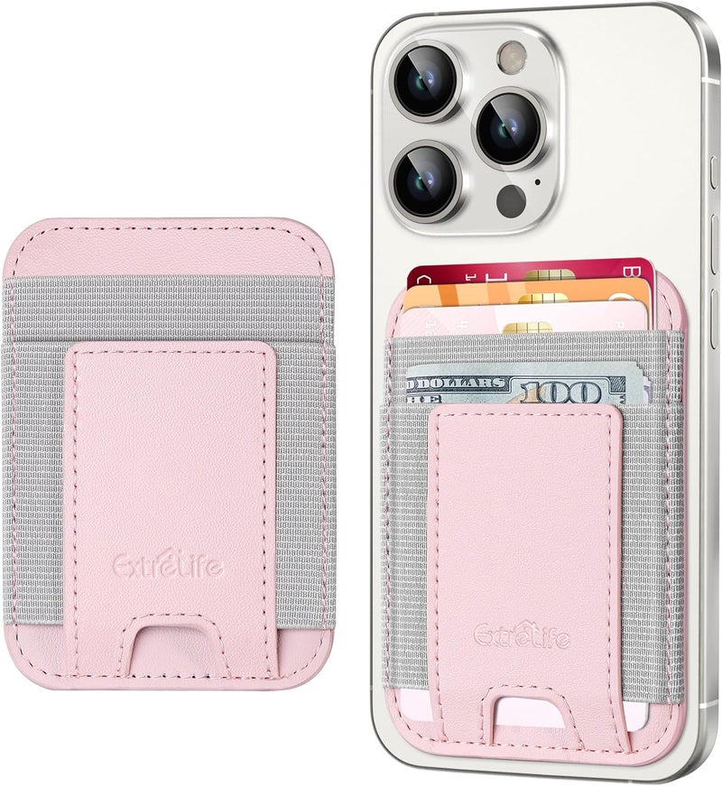 ExtreLife Phone Card Holder, Leather Phone Wallet Stick On, Stronger Adhesive Card Holder for Back of Phone, Credit Card Holder for Phone Case iPhone, Samsung, Android , RFID Blocking, Fit 7 Cards, Baby Pink - Image 1